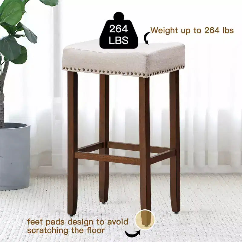 Costway Lot de 4 tabourets de bar à selles avec clous décoratifs Hauteur 74 cm avec assise en tissu et pieds en bois Gris/Beige
