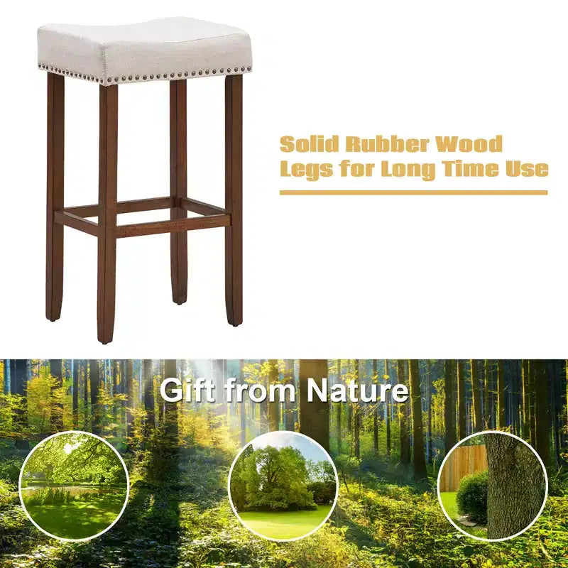 Costway Lot de 4 tabourets de bar à selles avec clous décoratifs Hauteur 74 cm avec assise en tissu et pieds en bois Gris/Beige
