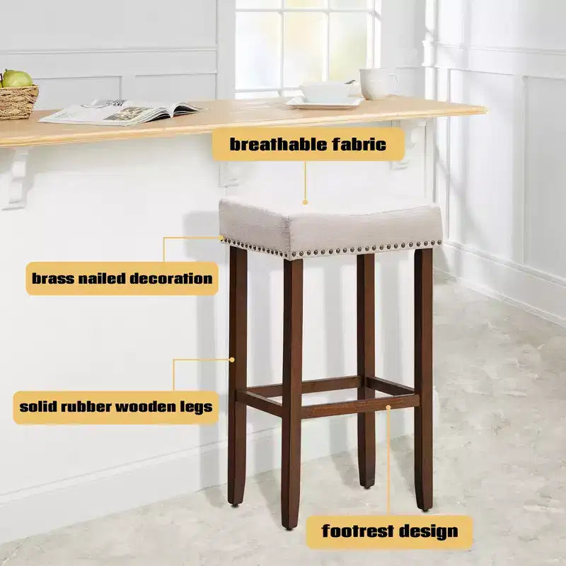 Costway Lot de 4 tabourets de bar à selles avec clous décoratifs Hauteur 74 cm avec assise en tissu et pieds en bois Gris/Beige
