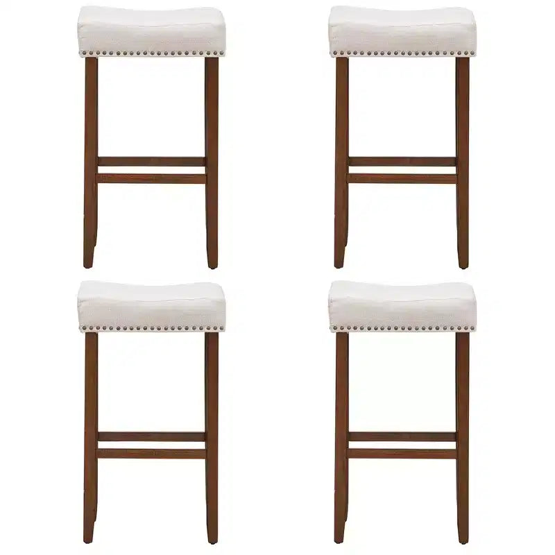 Costway Lot de 4 tabourets de bar à selles avec clous décoratifs Hauteur 74 cm avec assise en tissu et pieds en bois Gris/Beige