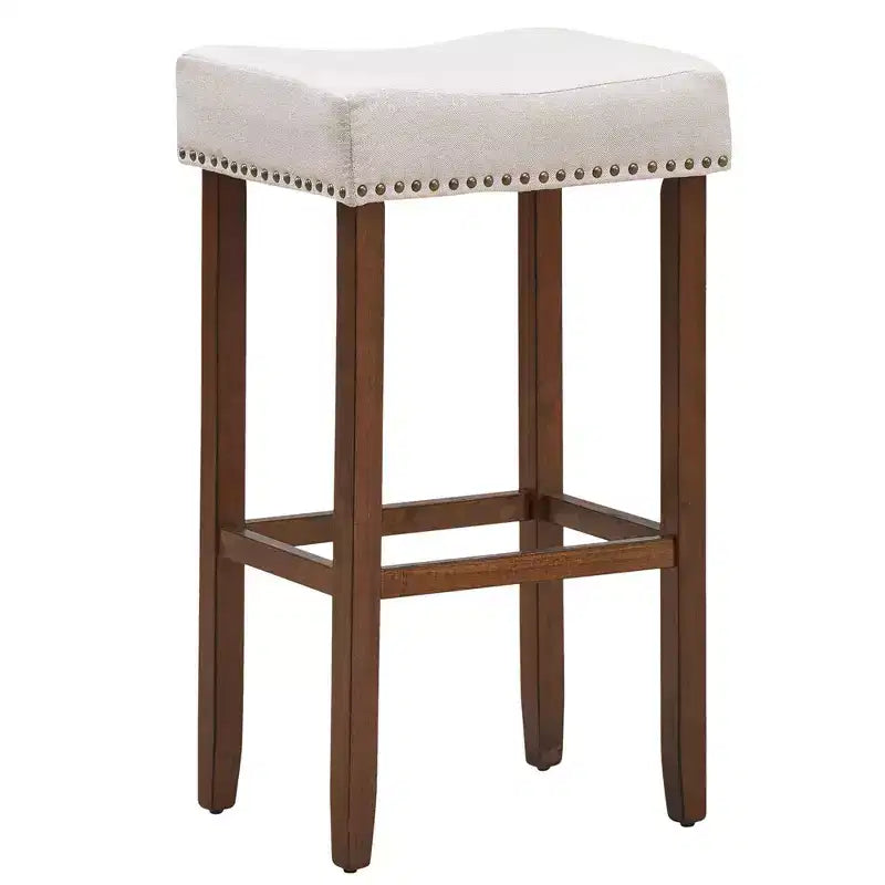 Costway Lot de 4 tabourets de bar à selles avec clous décoratifs Hauteur 74 cm avec assise en tissu et pieds en bois Gris/Beige
