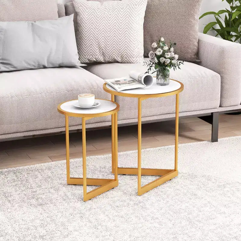 Lot de 2 tables basses gigognes rondes Costway, tables d'appoint modernes peu encombrantes avec base en V