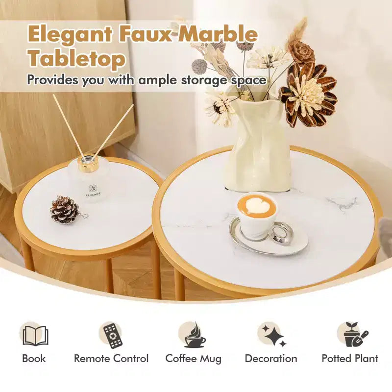 Lot de 2 tables basses gigognes rondes Costway, tables d'appoint modernes peu encombrantes avec base en V