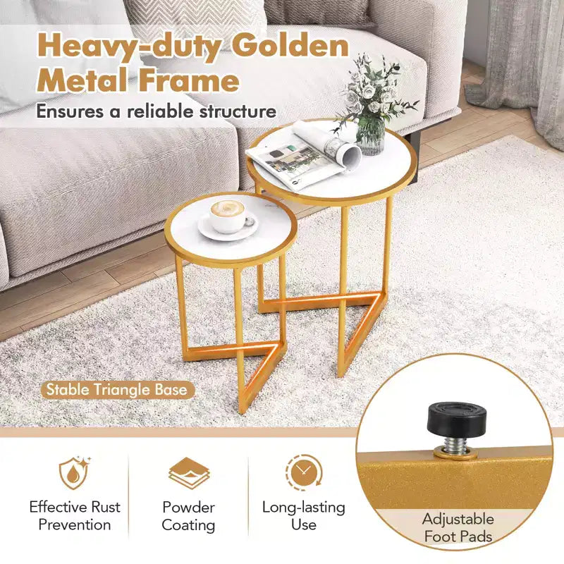 Lot de 2 tables basses gigognes rondes Costway, tables d'appoint modernes peu encombrantes avec base en V
