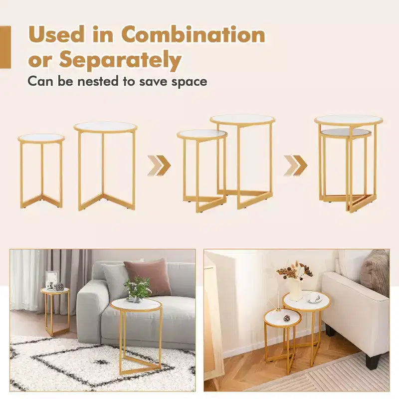 Lot de 2 tables basses gigognes rondes Costway, tables d'appoint modernes peu encombrantes avec base en V