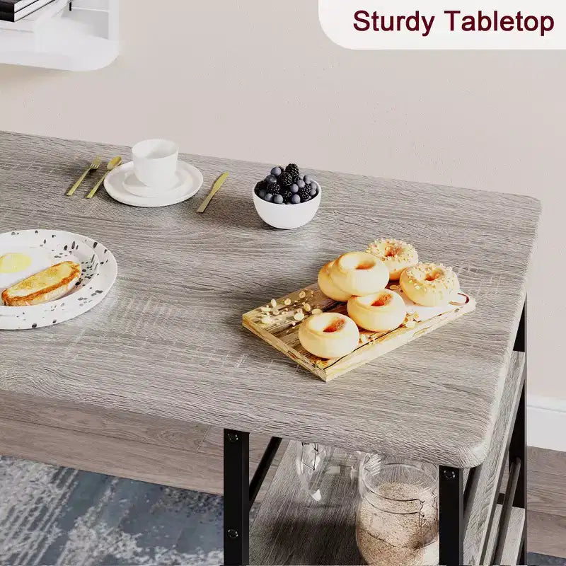 Ensemble Table de Cuisine, Table à Manger et 2 Chaises de Bar Rembourrées avec 3 Grandes Étagères de Rangement, Ensemble de Table en Bois pour Petits Espaces, Appartement, Maison