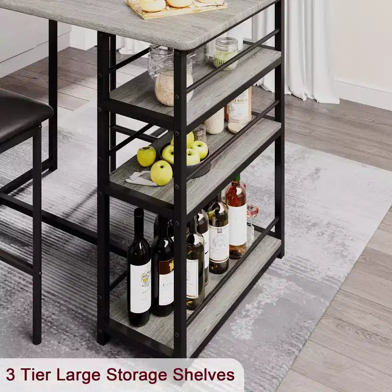 Ensemble Table de Cuisine, Table à Manger et 2 Chaises de Bar Rembourrées avec 3 Grandes Étagères de Rangement, Ensemble de Table en Bois pour Petits Espaces, Appartement, Maison