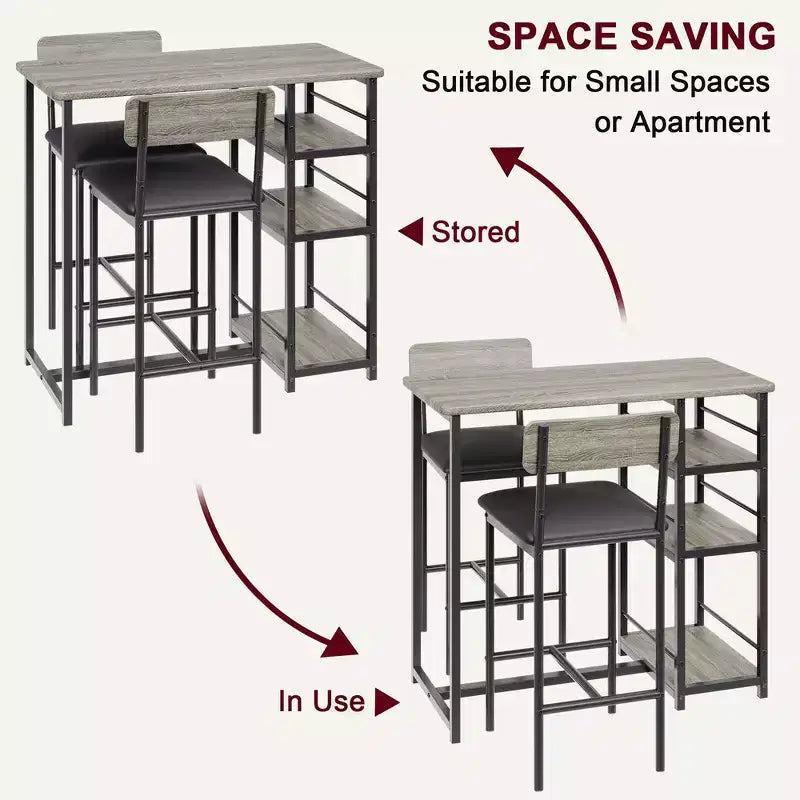 Ensemble Table de Cuisine, Table à Manger et 2 Chaises de Bar Rembourrées avec 3 Grandes Étagères de Rangement, Ensemble de Table en Bois pour Petits Espaces, Appartement, Maison