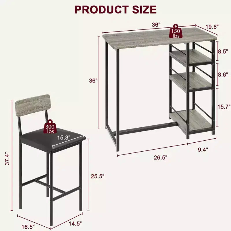Ensemble Table de Cuisine, Table à Manger et 2 Chaises de Bar Rembourrées avec 3 Grandes Étagères de Rangement, Ensemble de Table en Bois pour Petits Espaces, Appartement, Maison