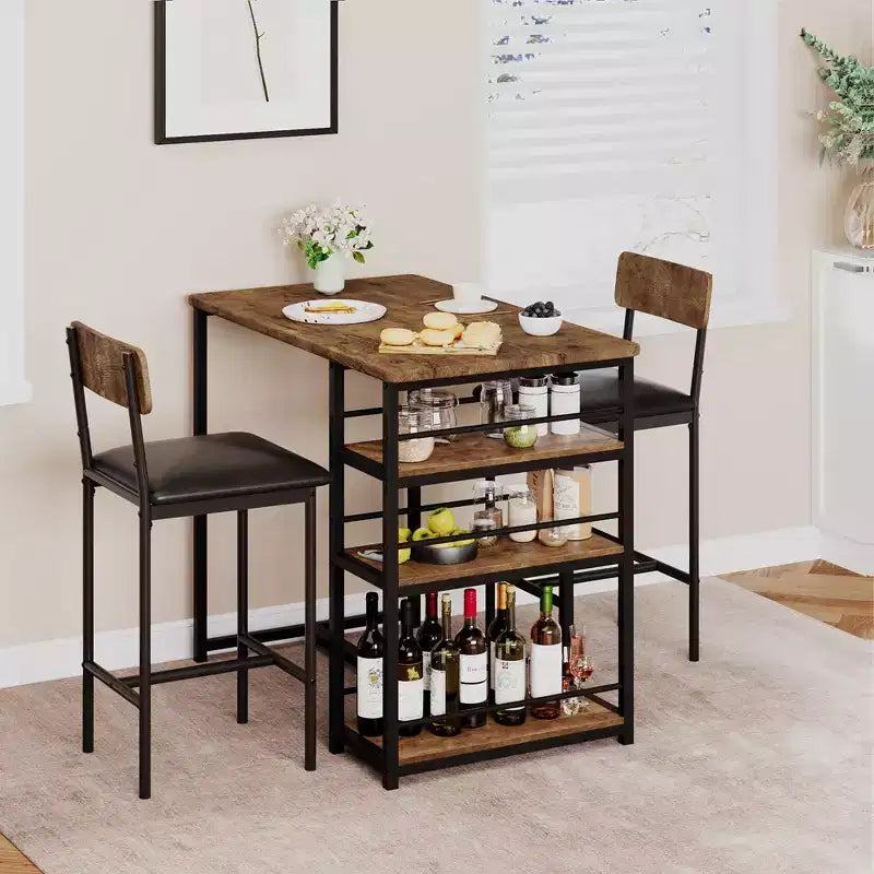Ensemble Table de Cuisine, Table à Manger et 2 Chaises de Bar Rembourrées avec 3 Grandes Étagères de Rangement, Ensemble de Table en Bois pour Petits Espaces, Appartement, Maison