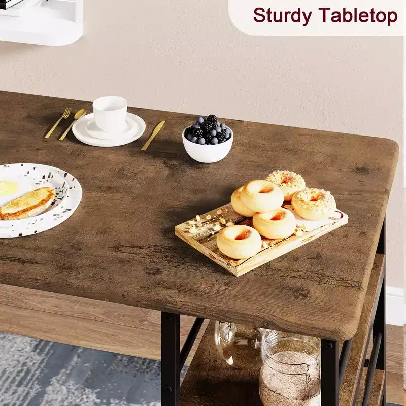 Ensemble Table de Cuisine, Table à Manger et 2 Chaises de Bar Rembourrées avec 3 Grandes Étagères de Rangement, Ensemble de Table en Bois pour Petits Espaces, Appartement, Maison