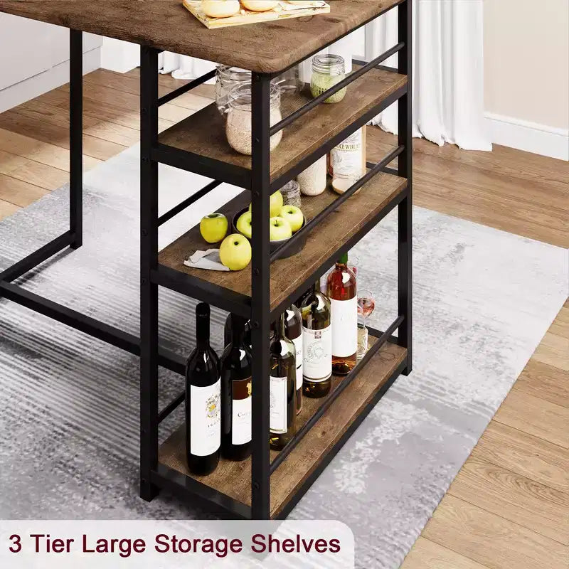 Ensemble Table de Cuisine, Table à Manger et 2 Chaises de Bar Rembourrées avec 3 Grandes Étagères de Rangement, Ensemble de Table en Bois pour Petits Espaces, Appartement, Maison