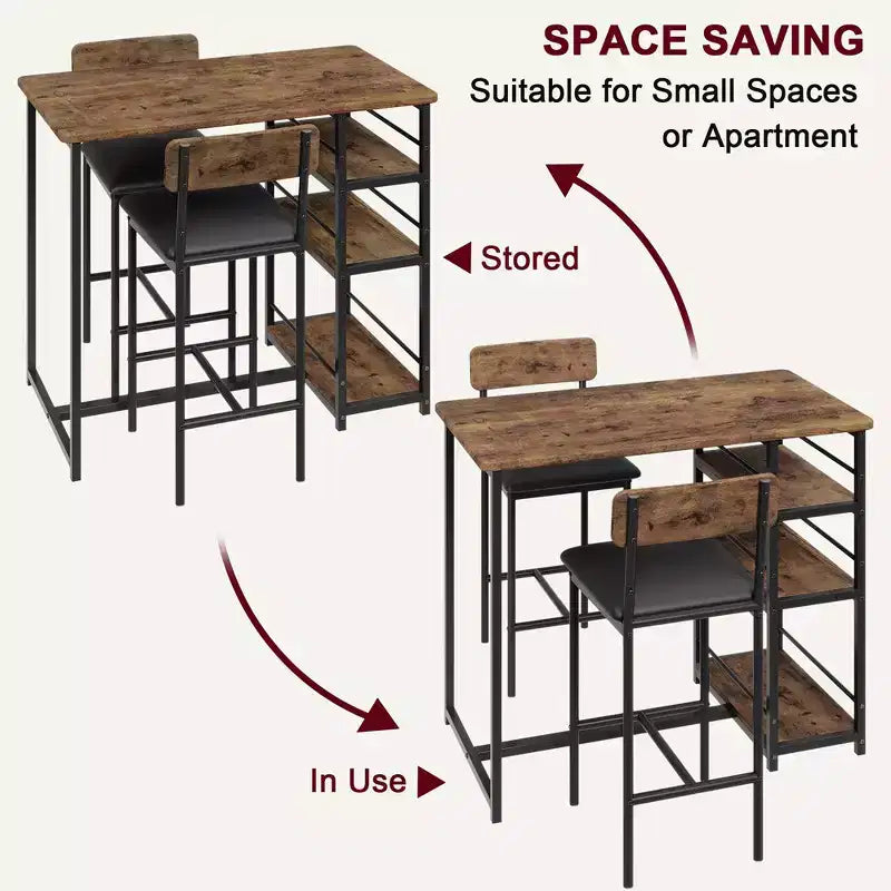Ensemble Table de Cuisine, Table à Manger et 2 Chaises de Bar Rembourrées avec 3 Grandes Étagères de Rangement, Ensemble de Table en Bois pour Petits Espaces, Appartement, Maison