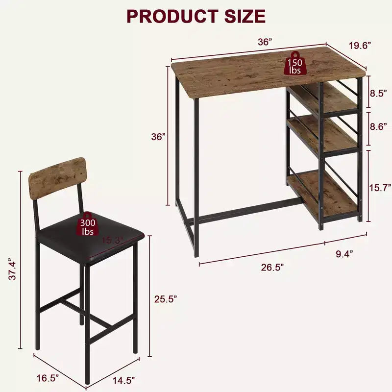 Ensemble Table de Cuisine, Table à Manger et 2 Chaises de Bar Rembourrées avec 3 Grandes Étagères de Rangement, Ensemble de Table en Bois pour Petits Espaces, Appartement, Maison