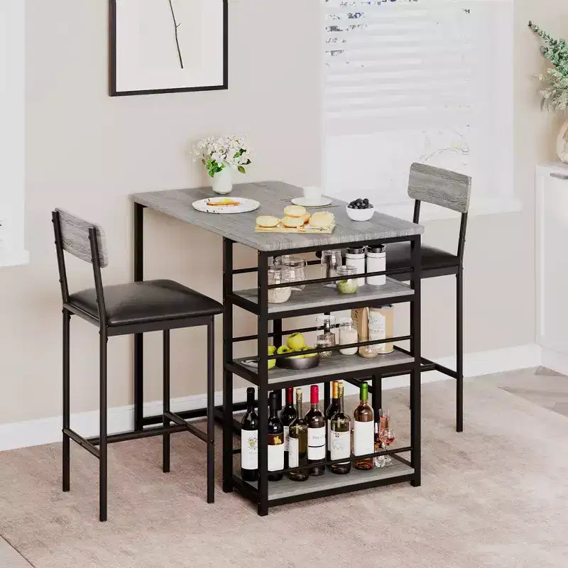Ensemble Table de Cuisine, Table à Manger et 2 Chaises de Bar Rembourrées avec 3 Grandes Étagères de Rangement, Ensemble de Table en Bois pour Petits Espaces, Appartement, Maison