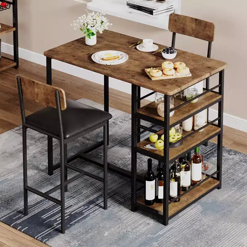 Kitchen Table Set, Dining Table and 2 Upholstered Bar Chairs with 3 Large Storage Shelf, Wooden Table Set for Small Spaces, Apartment, Home