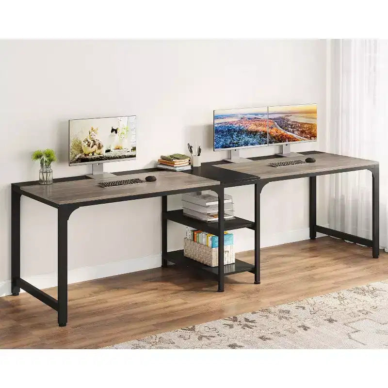 Tribesigns Bureau Double 230 cm avec Étagère de Rangement, Bureau d'Ordinateur Deux Personnes pour Bureau à Domicile