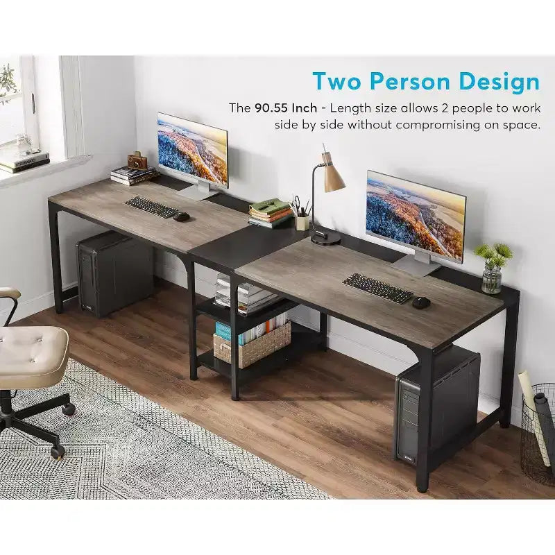 Tribesigns Bureau Double 230 cm avec Étagère de Rangement, Bureau d'Ordinateur Deux Personnes pour Bureau à Domicile
