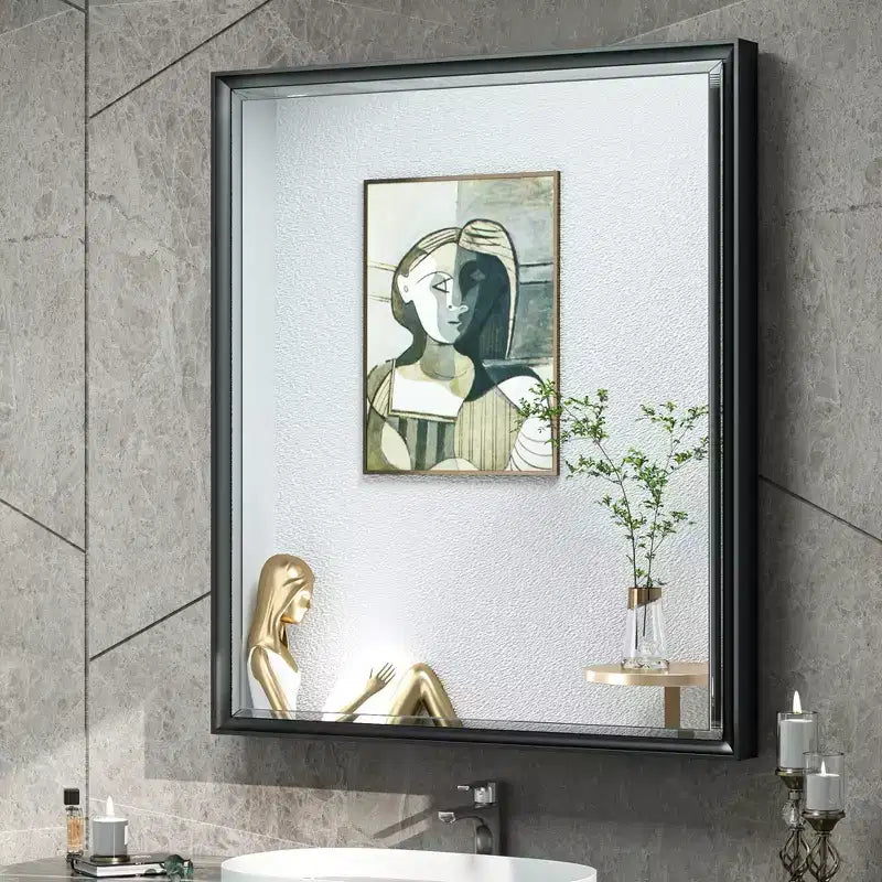 Keonjinn 26 in. W x 30 in. H Metal Framed Black Rectangular Framed Recessed/Surface Mount Medicine Cabinet with Mirror,Black