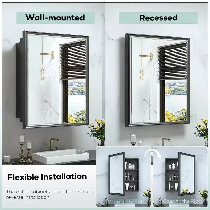 Keonjinn 26 po L x 30 po H Armoire de toilette rectangulaire encastrée/en saillie à cadre métallique noir avec miroir, noire