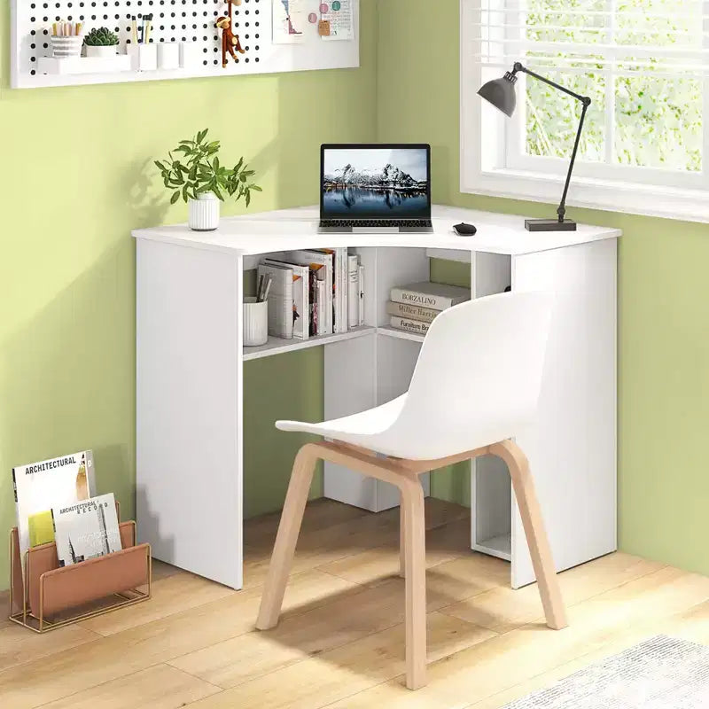 Bureau d'angle Costway avec étagères de rangement, tablette réglable, pour bureau à domicile, couleur naturelle/blanc