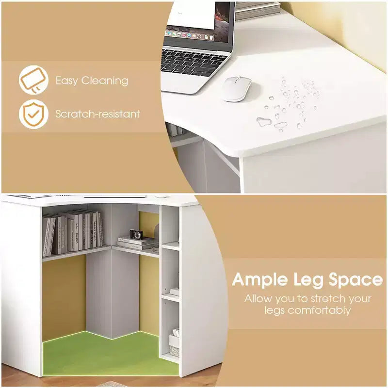 Bureau d'angle Costway avec étagères de rangement, tablette réglable, pour bureau à domicile, couleur naturelle/blanc