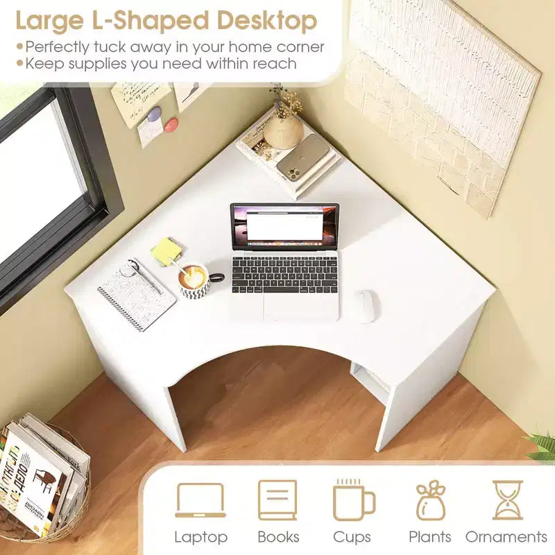 Bureau d'angle Costway avec étagères de rangement, tablette réglable, pour bureau à domicile, couleur naturelle/blanc