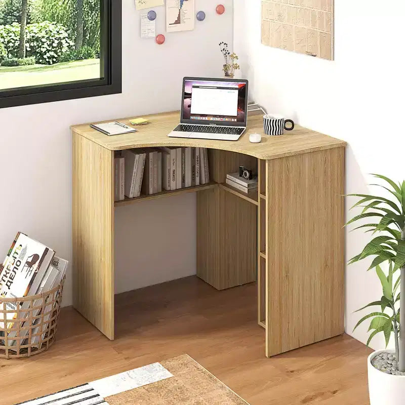 Bureau d'angle Costway avec étagères de rangement, tablette réglable, pour bureau à domicile, couleur naturelle/blanc
