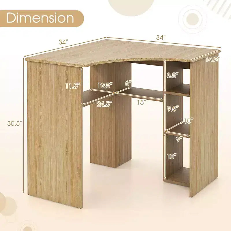 Bureau d'angle Costway avec étagères de rangement, tablette réglable, pour bureau à domicile, couleur naturelle/blanc