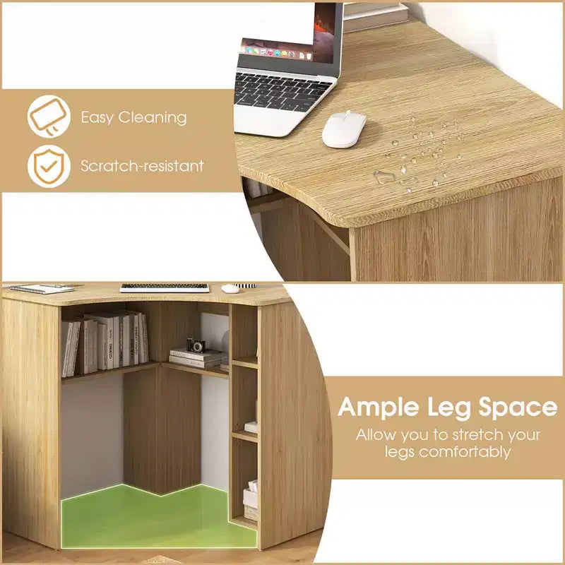 Bureau d'angle Costway avec étagères de rangement, tablette réglable, pour bureau à domicile, couleur naturelle/blanc