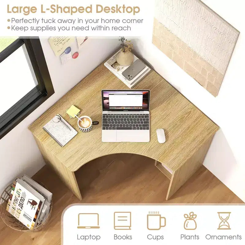 Bureau d'angle Costway avec étagères de rangement, tablette réglable, pour bureau à domicile, couleur naturelle/blanc
