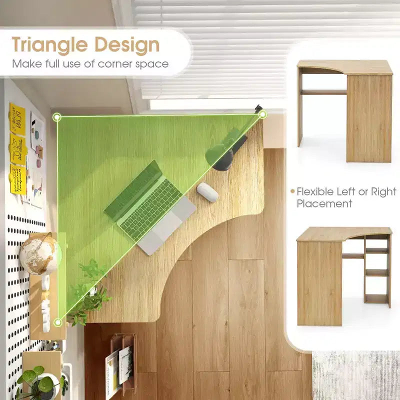 Bureau d'angle Costway avec étagères de rangement, tablette réglable, pour bureau à domicile, couleur naturelle/blanc