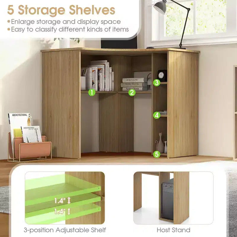 Bureau d'angle Costway avec étagères de rangement, tablette réglable, pour bureau à domicile, couleur naturelle/blanc