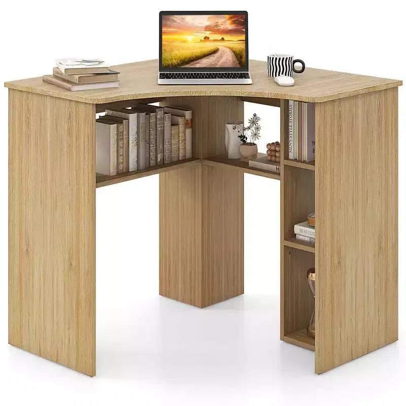 Costway L-Shaped Computer Desk with Storage Shelves Adjustable Shelf for Home Office Natural/White