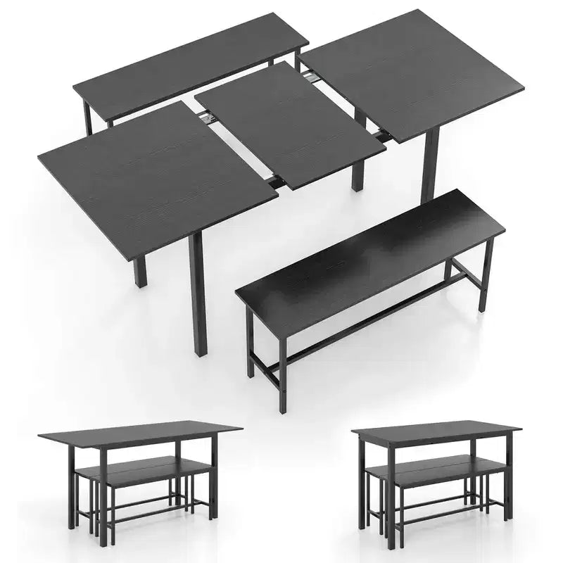 Costway Ensemble table à manger 3 pièces pour 4 à 6 personnes Table de cuisine de 160 cm avec 2 bancs Cadre en métal Noir/Noyer