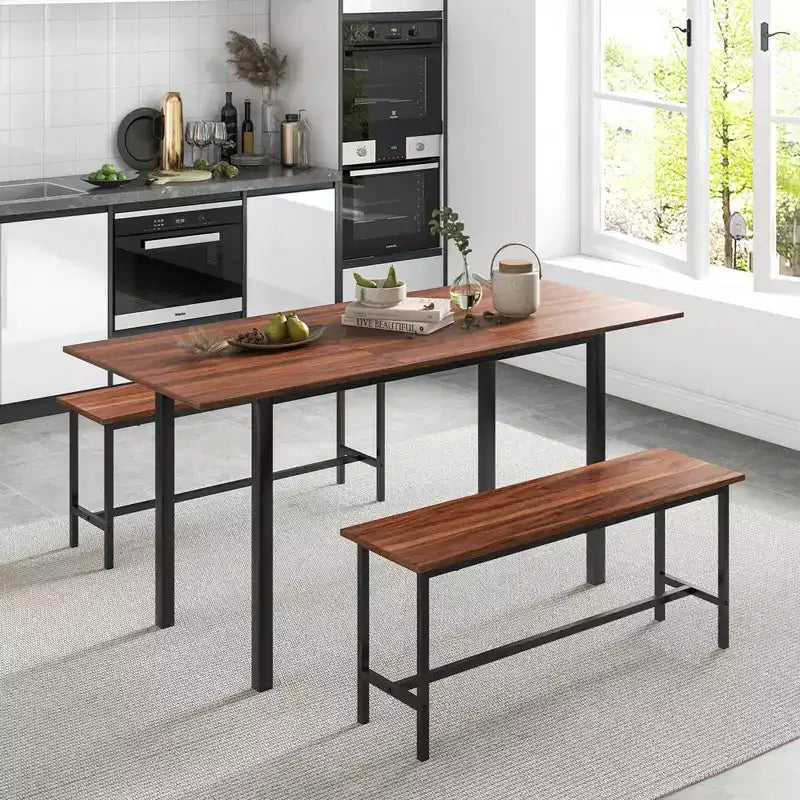 Costway Ensemble table à manger 3 pièces pour 4 à 6 personnes Table de cuisine de 160 cm avec 2 bancs Cadre en métal Noir/Noyer