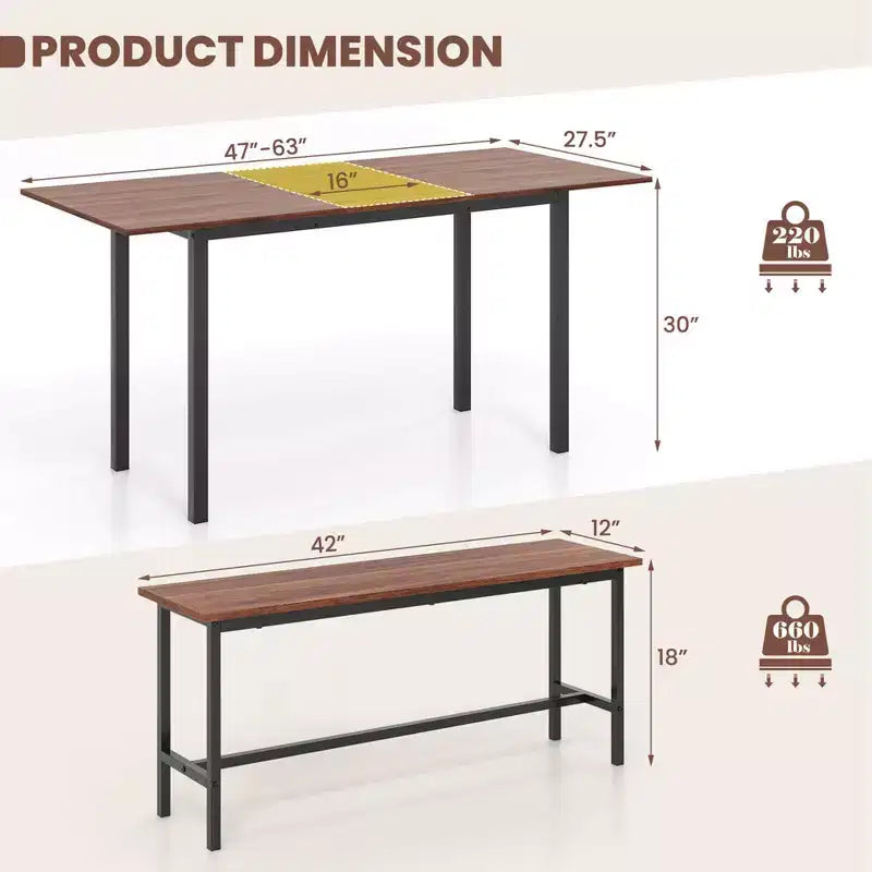 Costway Ensemble table à manger 3 pièces pour 4 à 6 personnes Table de cuisine de 160 cm avec 2 bancs Cadre en métal Noir/Noyer