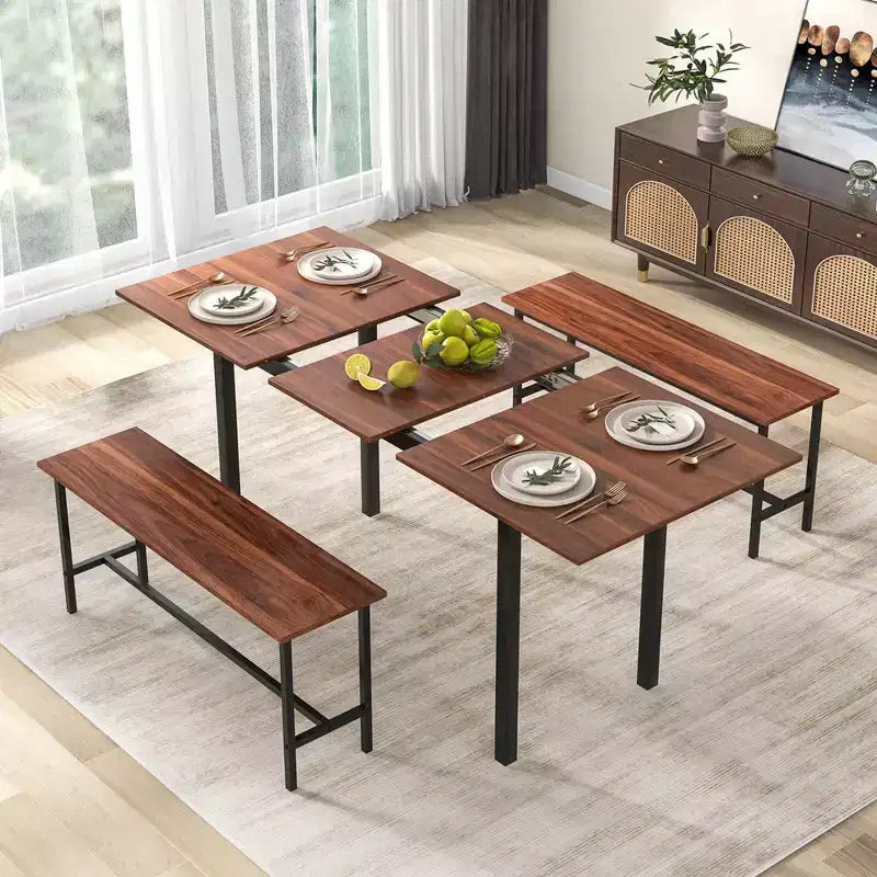 Costway Ensemble table à manger 3 pièces pour 4 à 6 personnes Table de cuisine de 160 cm avec 2 bancs Cadre en métal Noir/Noyer