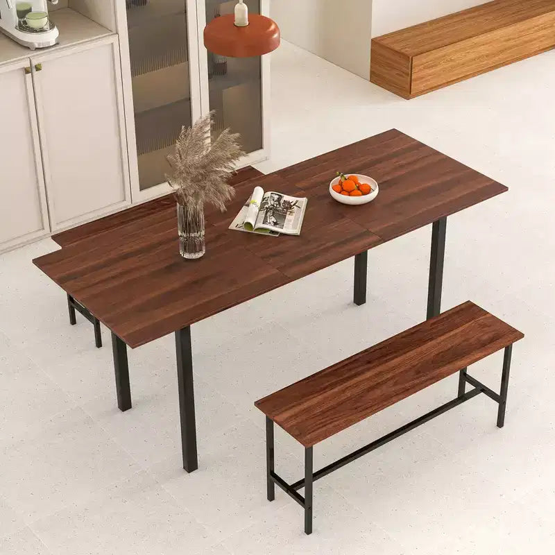 Costway Ensemble table à manger 3 pièces pour 4 à 6 personnes Table de cuisine de 160 cm avec 2 bancs Cadre en métal Noir/Noyer