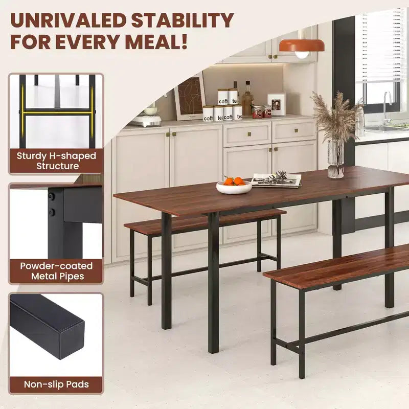 Costway Ensemble table à manger 3 pièces pour 4 à 6 personnes Table de cuisine de 160 cm avec 2 bancs Cadre en métal Noir/Noyer