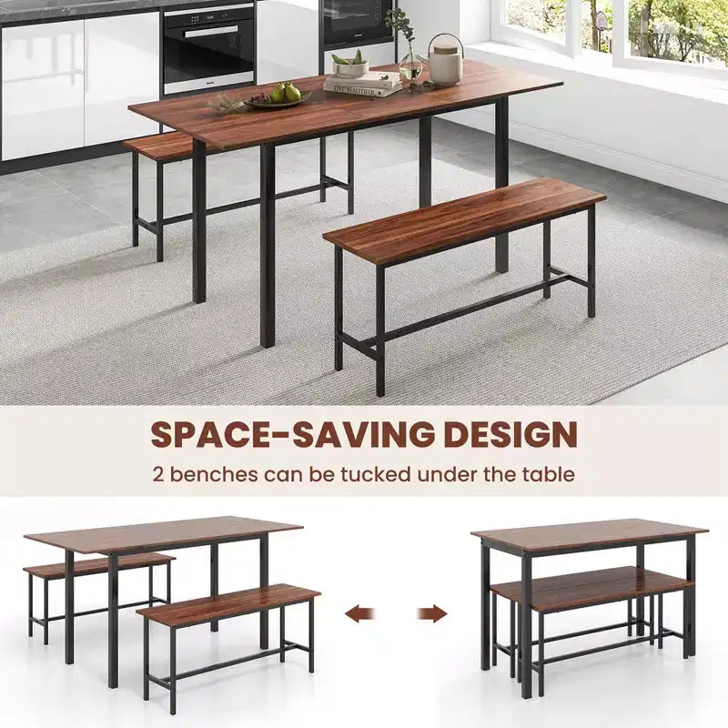 Costway Ensemble table à manger 3 pièces pour 4 à 6 personnes Table de cuisine de 160 cm avec 2 bancs Cadre en métal Noir/Noyer