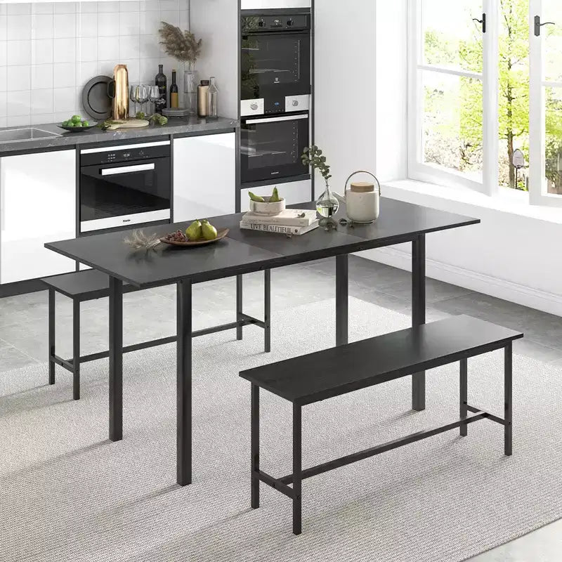 Costway Ensemble table à manger 3 pièces pour 4 à 6 personnes Table de cuisine de 160 cm avec 2 bancs Cadre en métal Noir/Noyer
