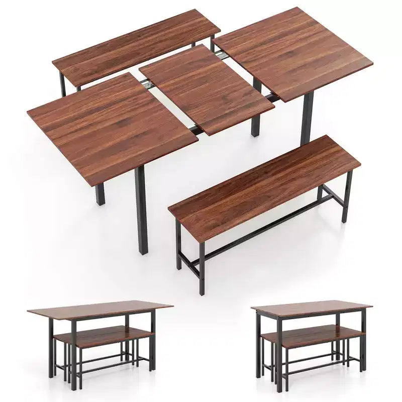 Costway Ensemble table à manger 3 pièces pour 4 à 6 personnes Table de cuisine de 160 cm avec 2 bancs Cadre en métal Noir/Noyer