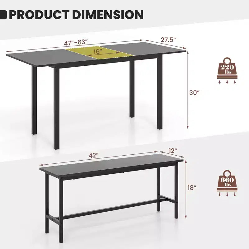 Costway Ensemble table à manger 3 pièces pour 4 à 6 personnes Table de cuisine de 160 cm avec 2 bancs Cadre en métal Noir/Noyer