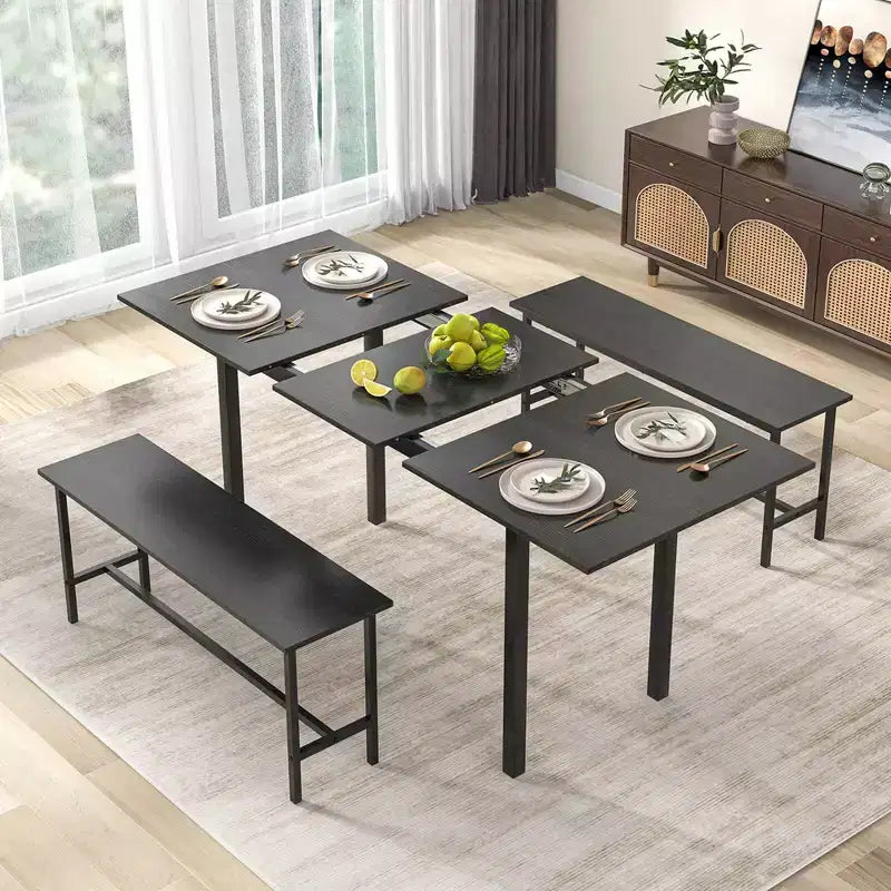 Costway Ensemble table à manger 3 pièces pour 4 à 6 personnes Table de cuisine de 160 cm avec 2 bancs Cadre en métal Noir/Noyer