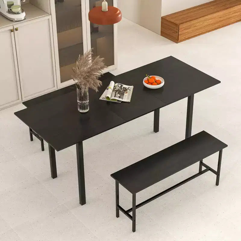 Costway Ensemble table à manger 3 pièces pour 4 à 6 personnes Table de cuisine de 160 cm avec 2 bancs Cadre en métal Noir/Noyer