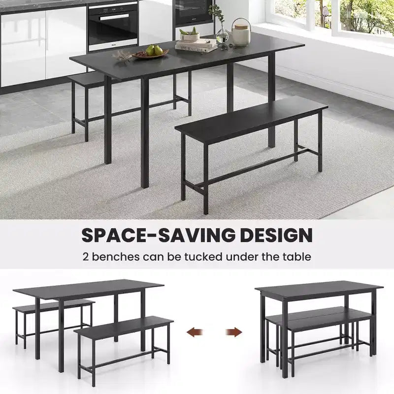 Costway Ensemble table à manger 3 pièces pour 4 à 6 personnes Table de cuisine de 160 cm avec 2 bancs Cadre en métal Noir/Noyer