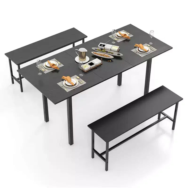 Costway 3 Piece Dining Table Set for 4-6 63Kitchen Table with 2 Benches Metal Frame Black/Walnut
