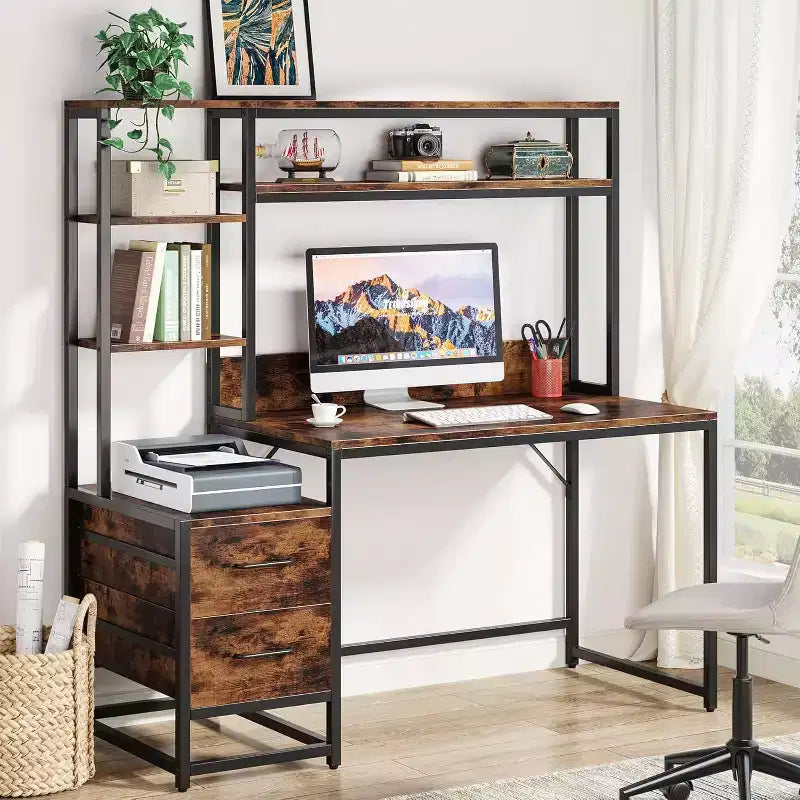 Bureau d'ordinateur Lantine de 55 pouces avec 2 tiroirs et des étagères de rangement