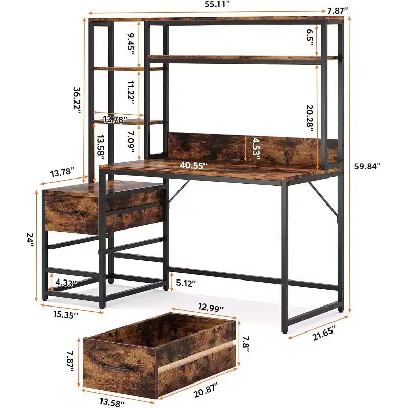 Bureau d'ordinateur Lantine de 55 pouces avec 2 tiroirs et des étagères de rangement